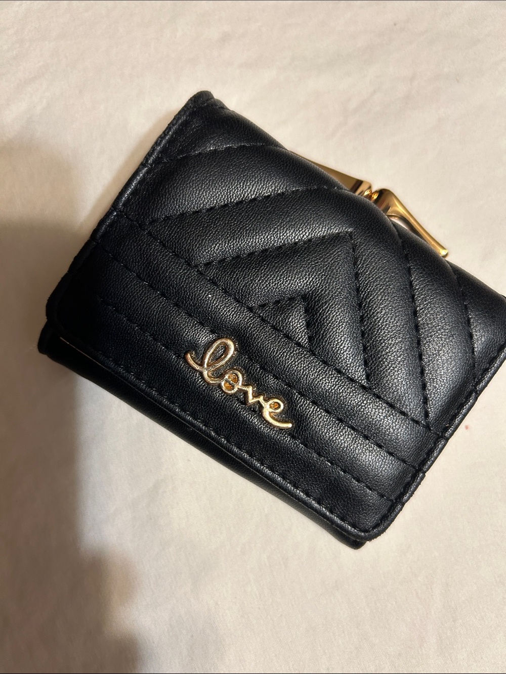 Love Quilted Mini Wallet - Black with Gold Script